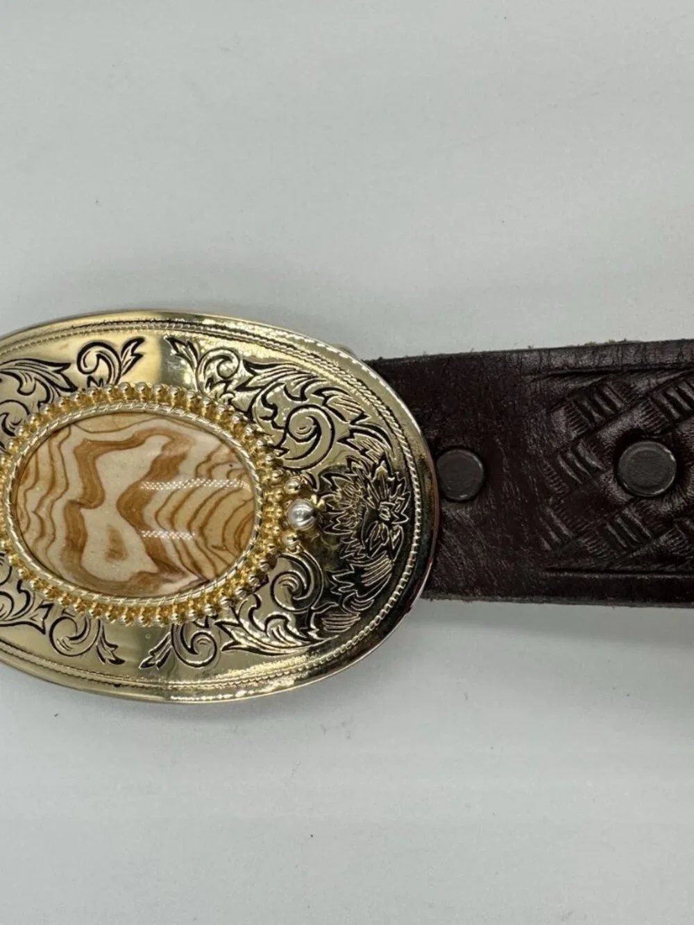 Vintage Women's Western Leather Belt Engraved Buckle Stone Accent Brown Size 34